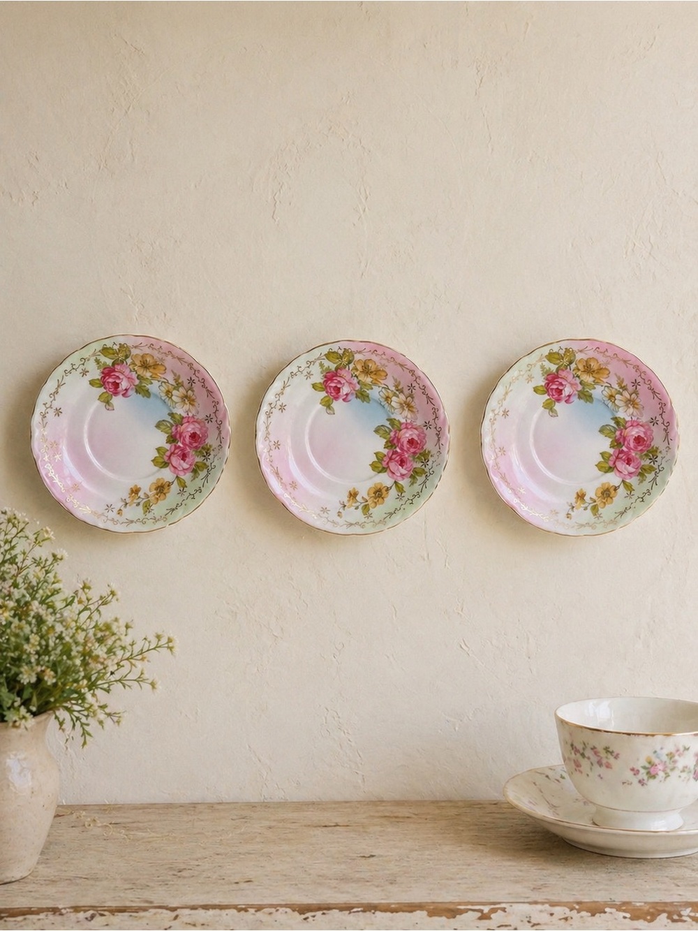 R.S. Prussia Floral Saucers Set of 3 Pink Roses Gold Trim Vintage Replacement